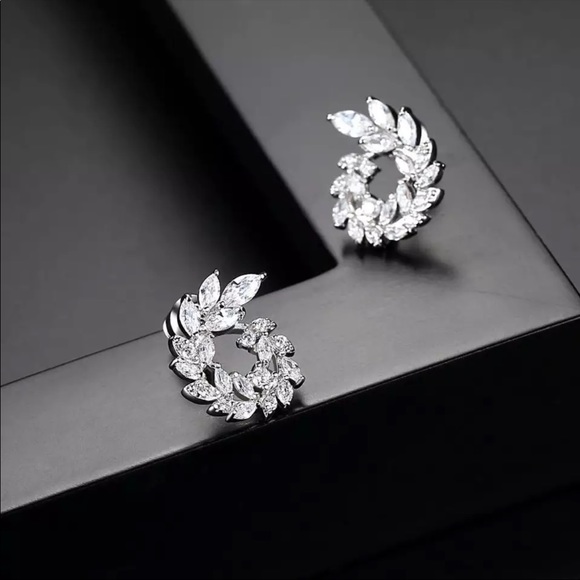 Round Sterling Silver Diamond Leaf Earrings - Picture 2 of 4